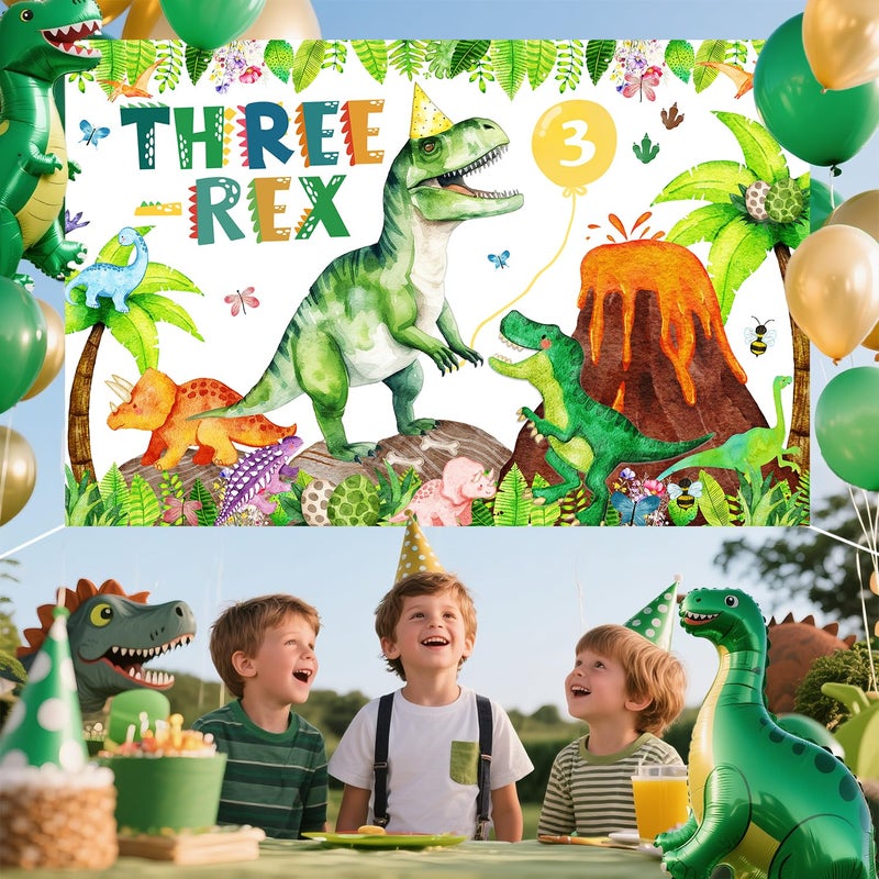 BIGKEOKI Three Rex Birthday Party Decorations Boy Dinosaur 3rd Birthday Party Banner Backdrop Jungle Leaves T-rex Dino Bday Photography Background 3 Rex Dinosaur Party Supplies Decorations (Green Dino 3rd) - Image 5